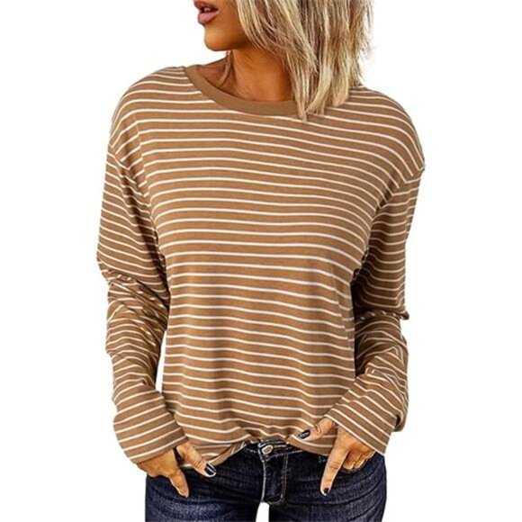 Women's Casual Striped Long Sleeve Tops Crew Neck Knit Basic T Shirts - Picture 2 of 7